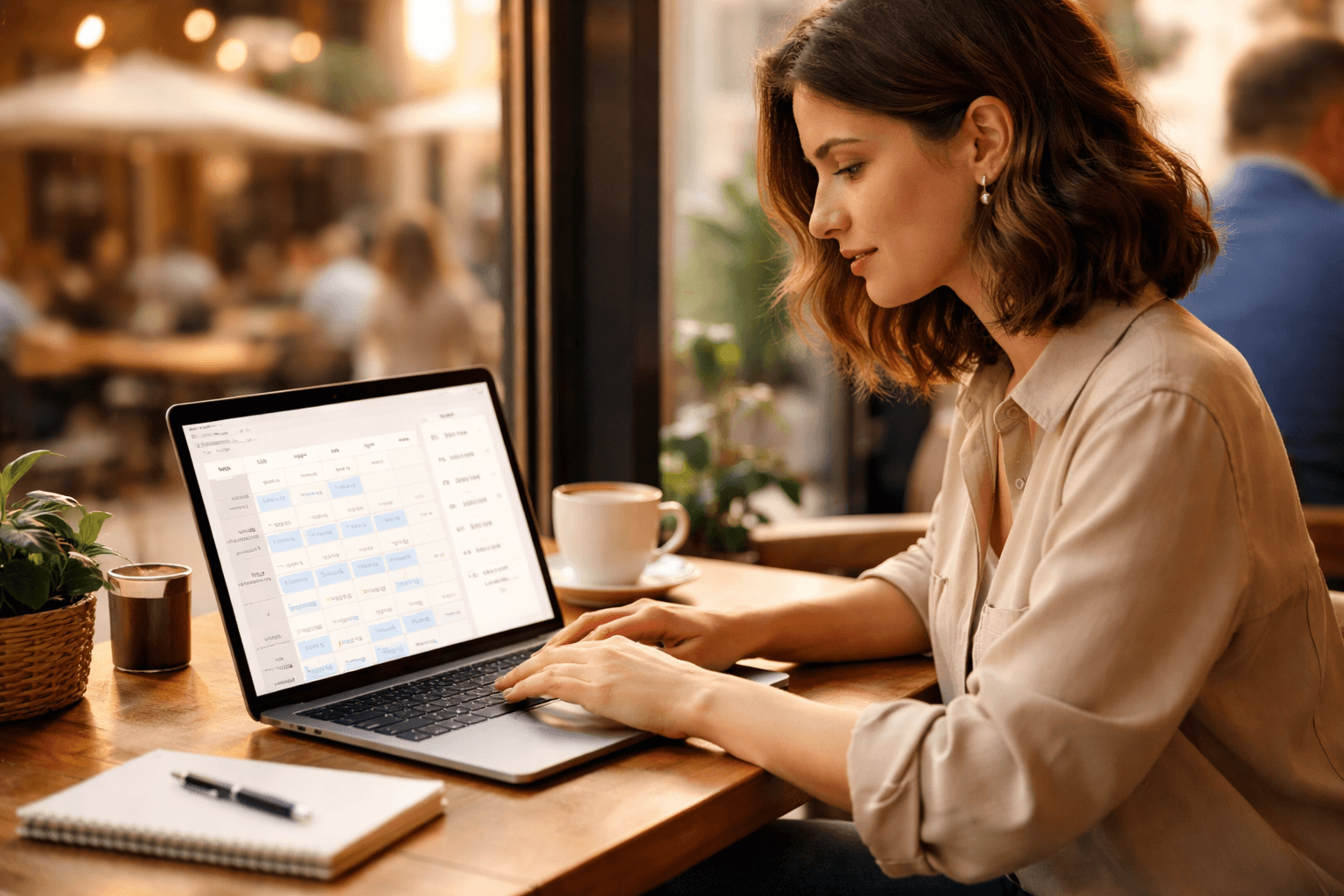 Freelancer at a cafe reviewing a project list and calendar on a laptop