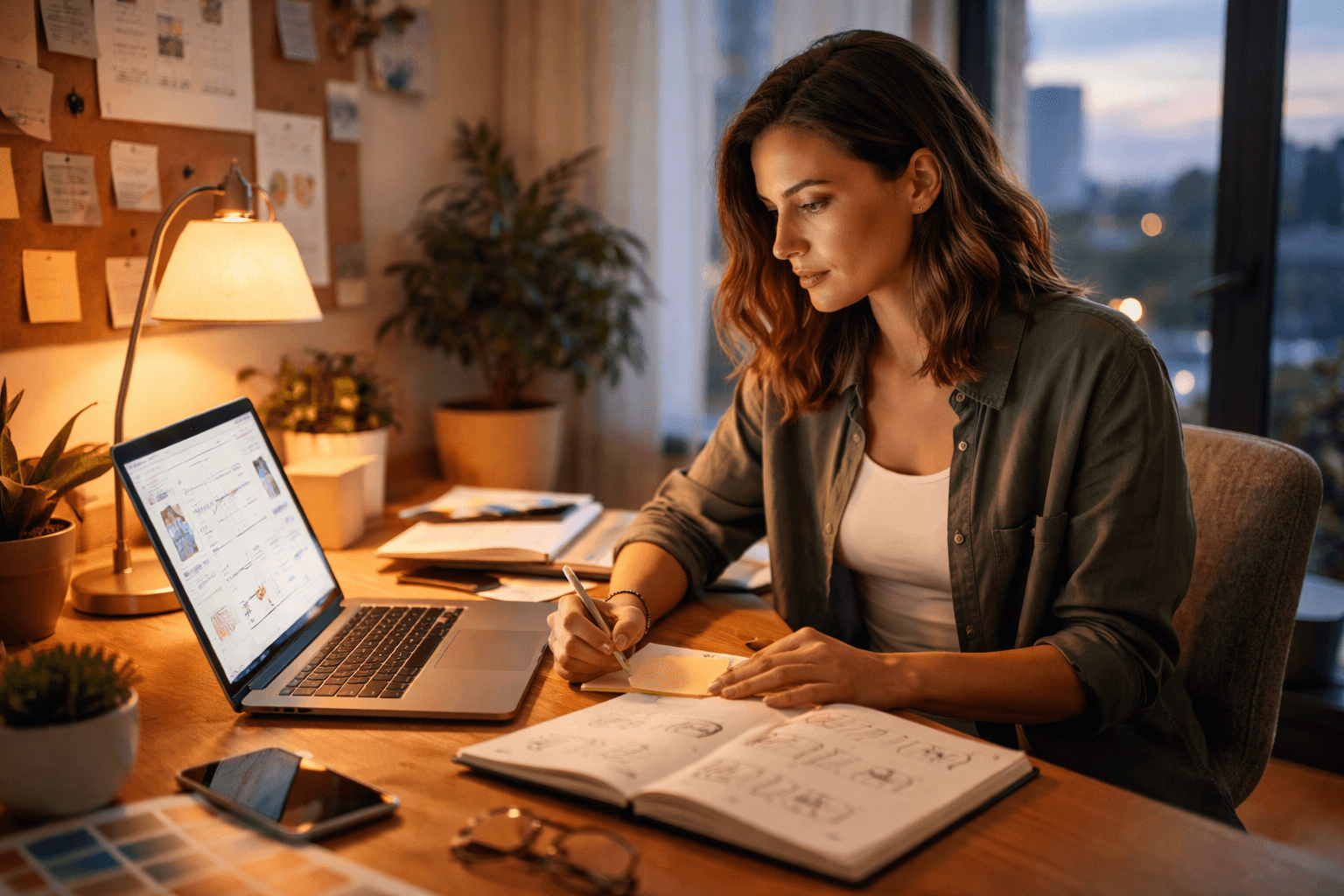 Freelancer reviewing client messages and notes at a home desk in the evening