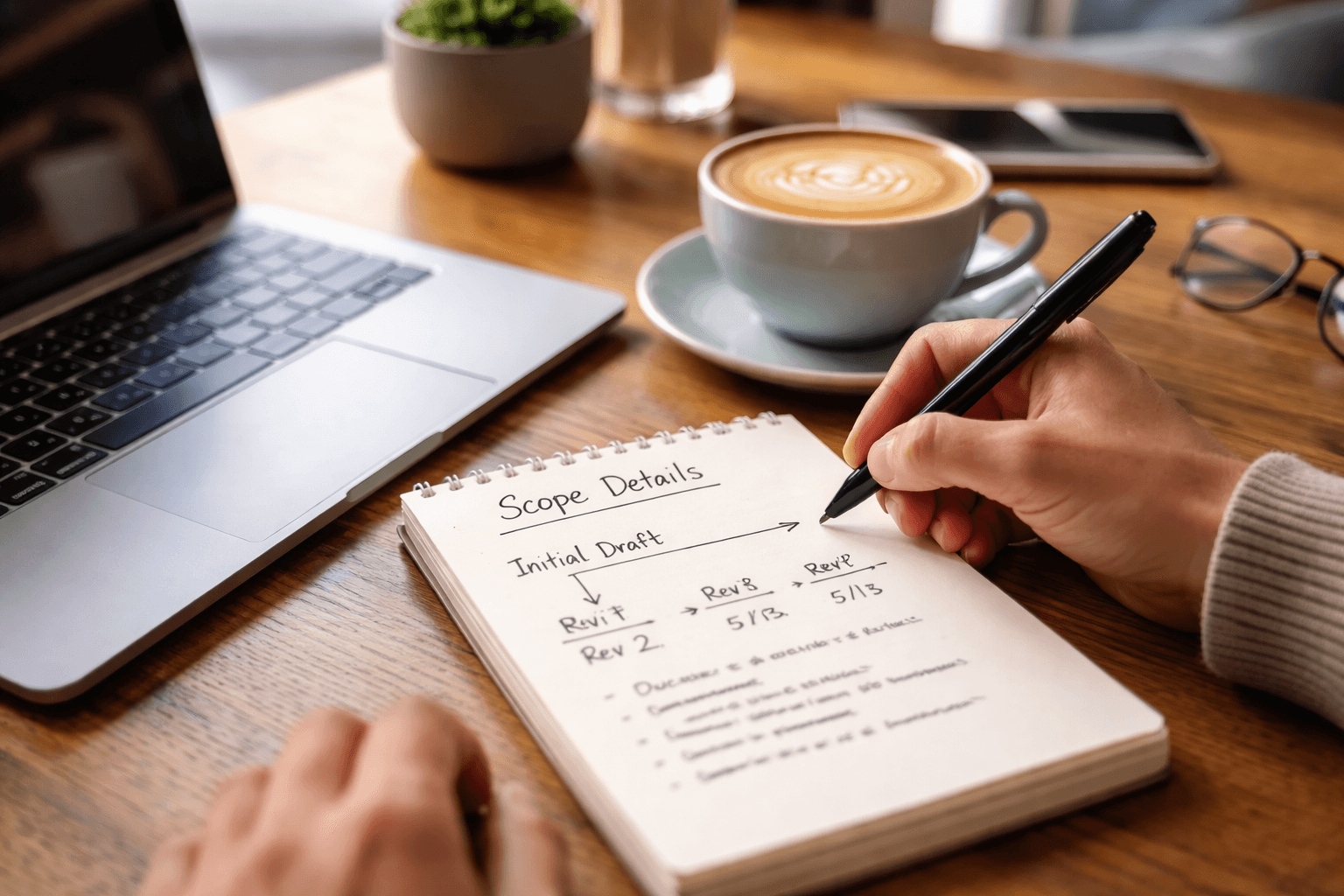 Close-up of a freelancer reviewing deliverables and revision notes at a café table
