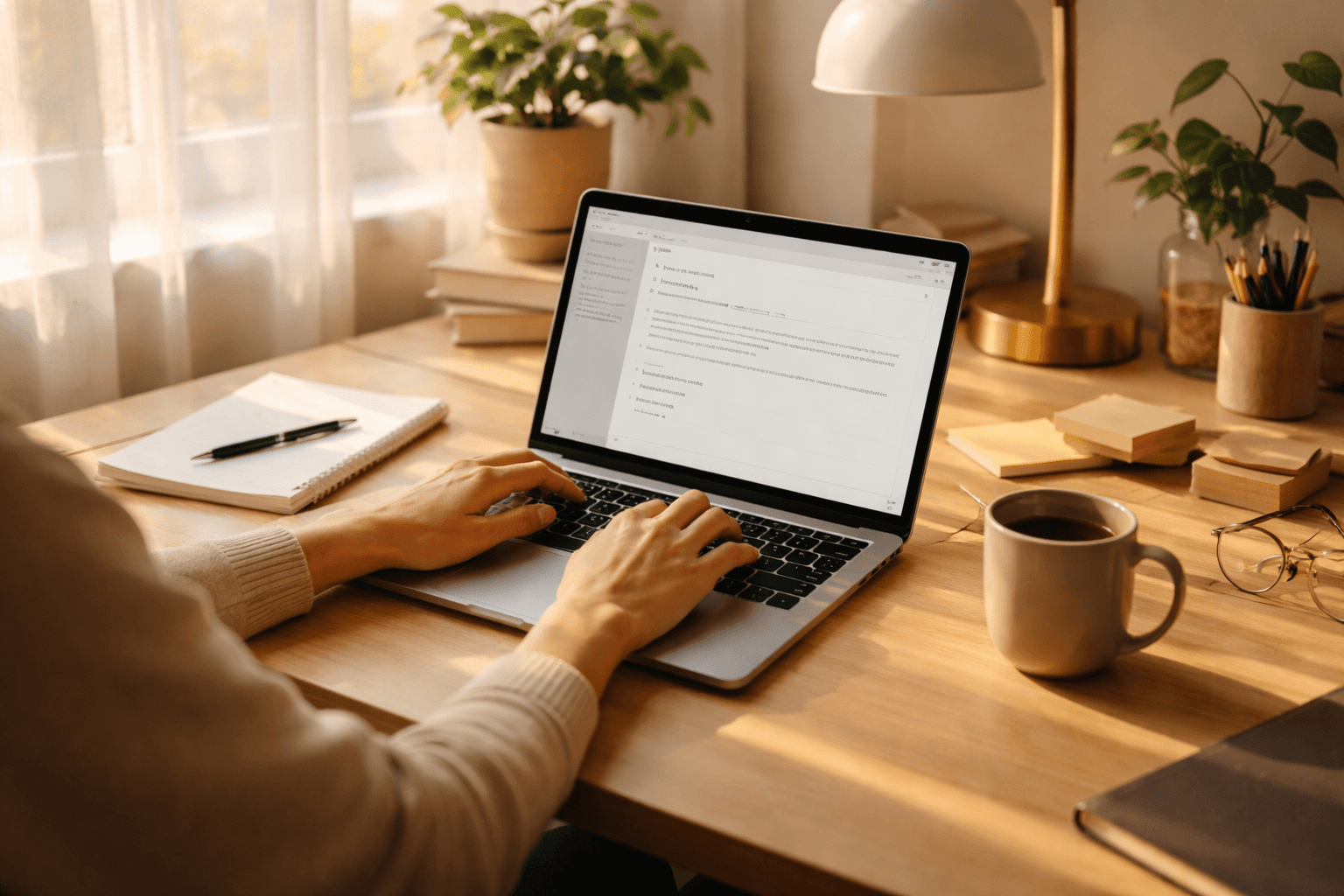 Freelancer at a desk drafting an email request for testimonials in the morning light