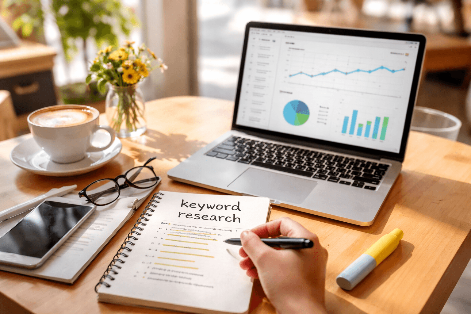 Desk close-up with a laptop showing a spreadsheet, sticky notes, and a notebook labeled “SEO workflow”