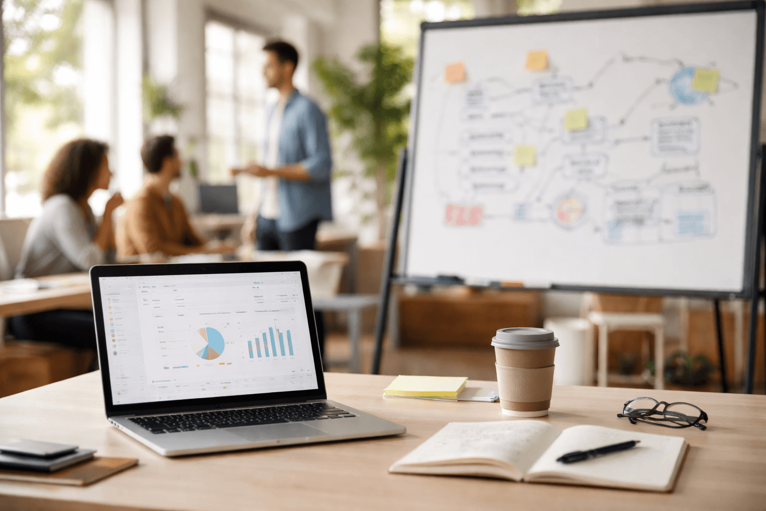 Co-working space laptop showing project planning notes next to a whiteboard