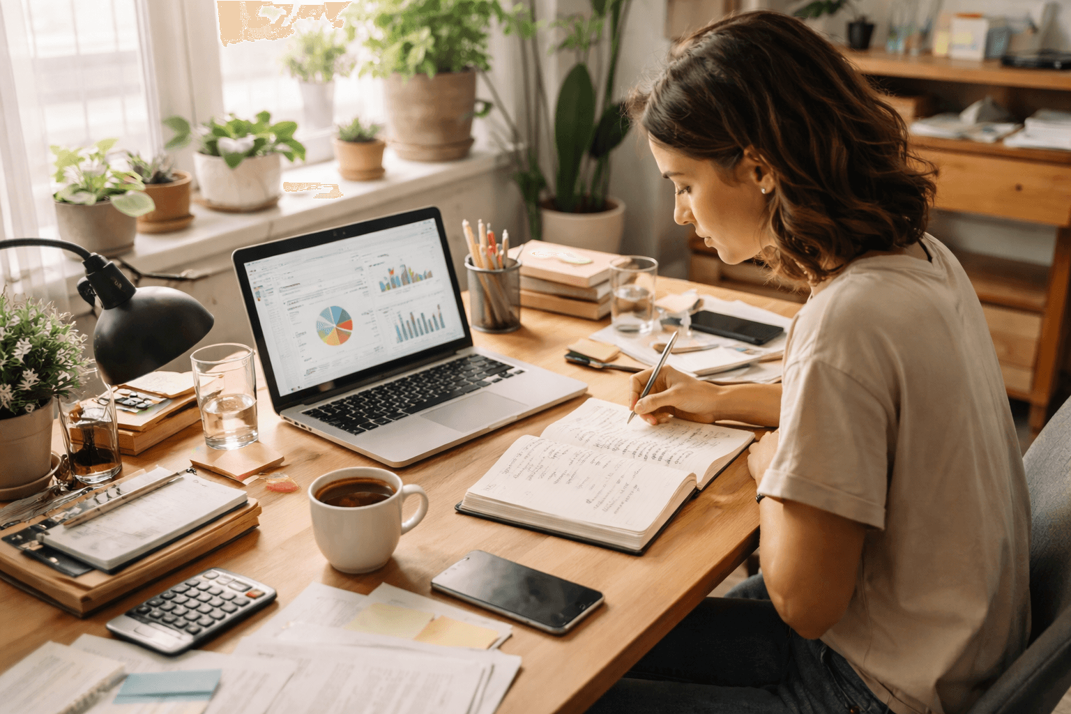Freelancer planning income and expenses at a desk in a home studio
