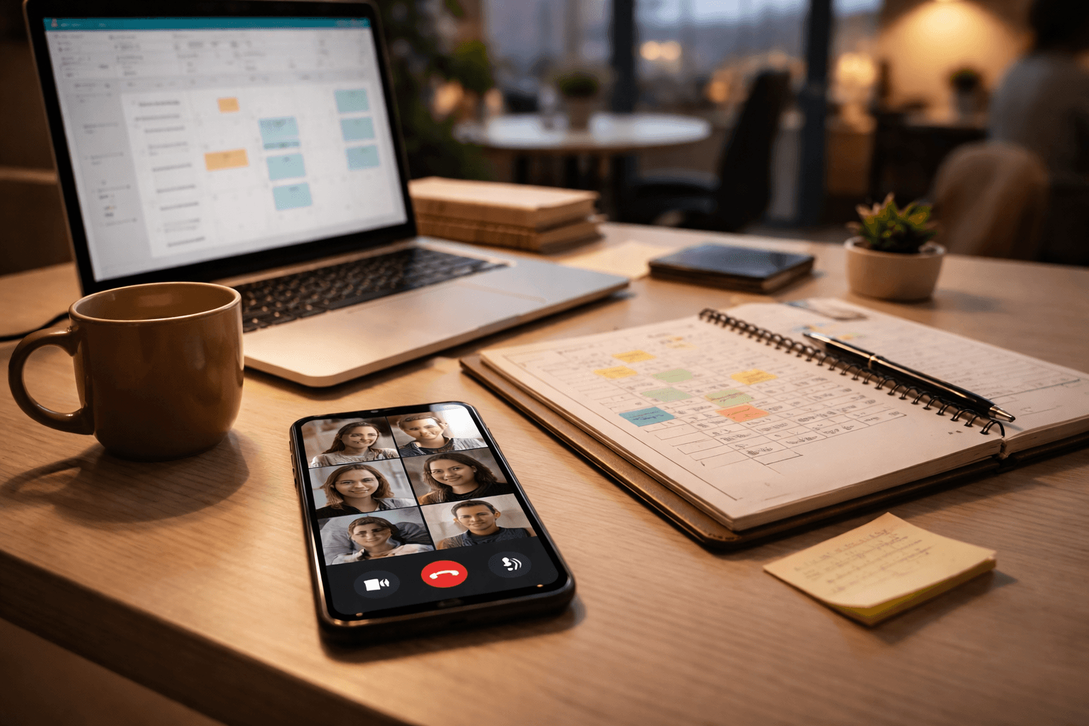 client call setting on a co-working desk with a notebook and laptop showing planning sheets