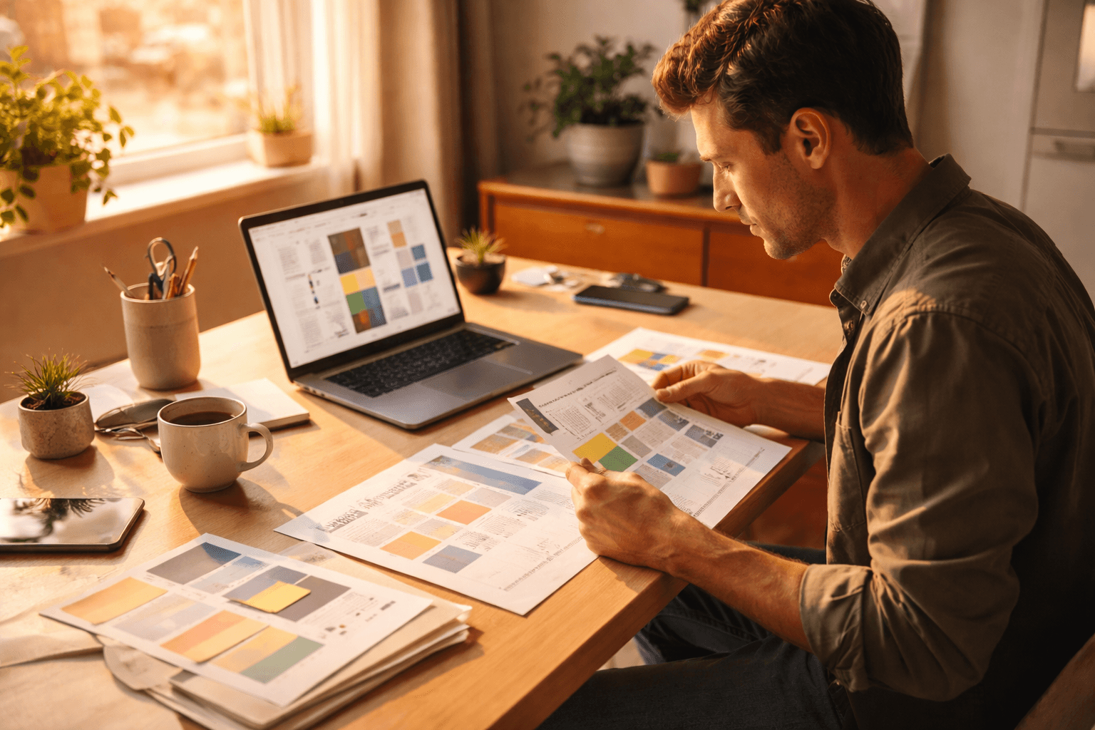 Design studio workspace with printed proposal notes