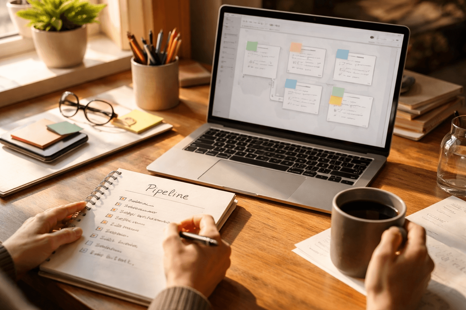 Freelancer planning a pipeline on a desk in a home studio, morning light