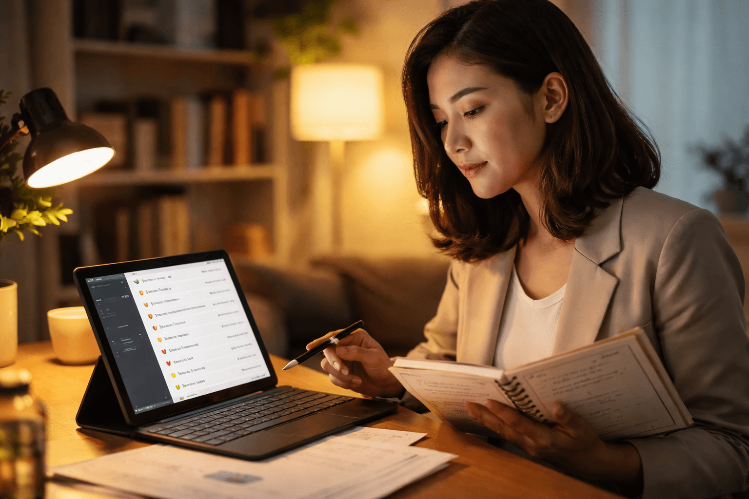 Client on video call reviewing project milestones while freelancer writes invoice reminders