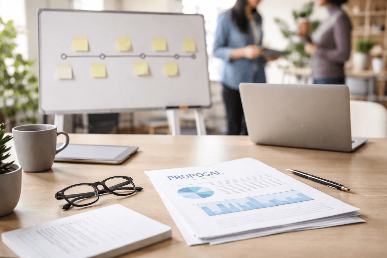Co-working desk with printed proposal pages and a whiteboard showing simple timeline blocks, bright modern office lighting