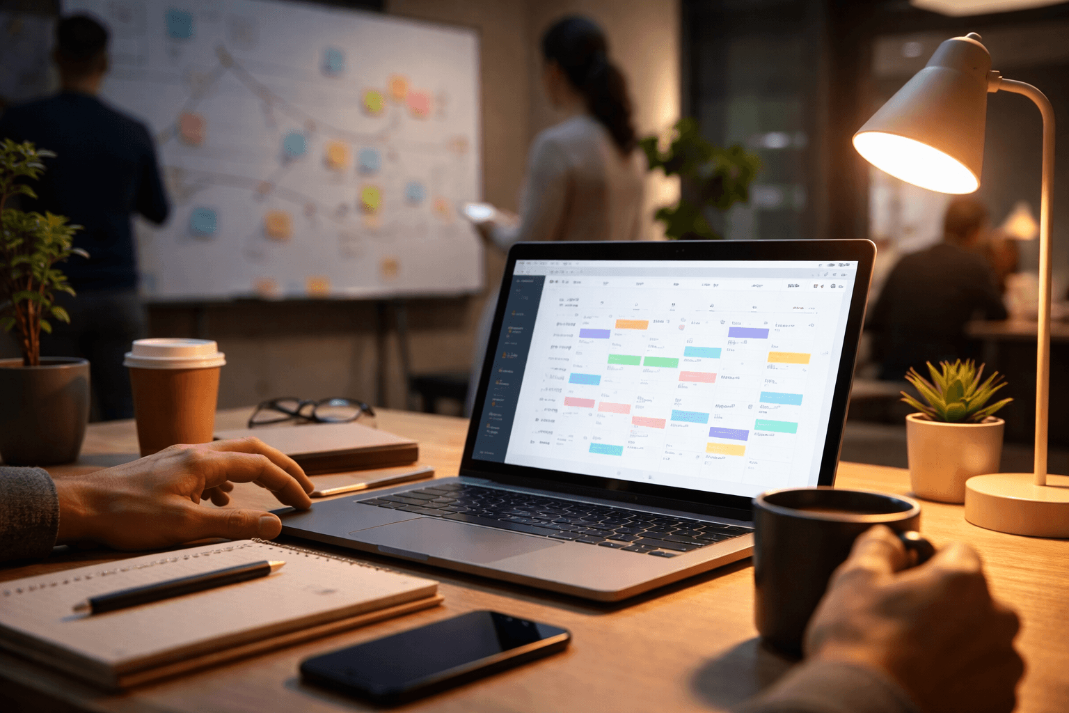 A co-working space desktop with a laptop, calendar, and a whiteboard planning notes, evening tone