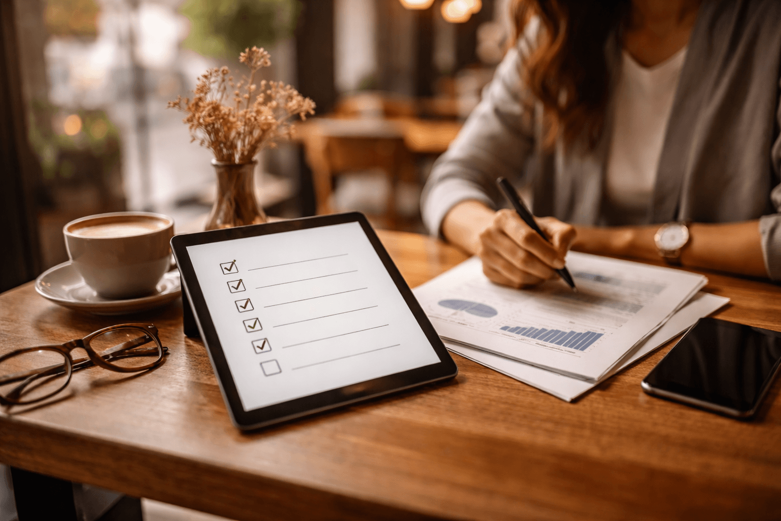 Freelancer in a cafe reviewing a marketing proposal checklist on a tablet, afternoon light, collaborative paperwork spread