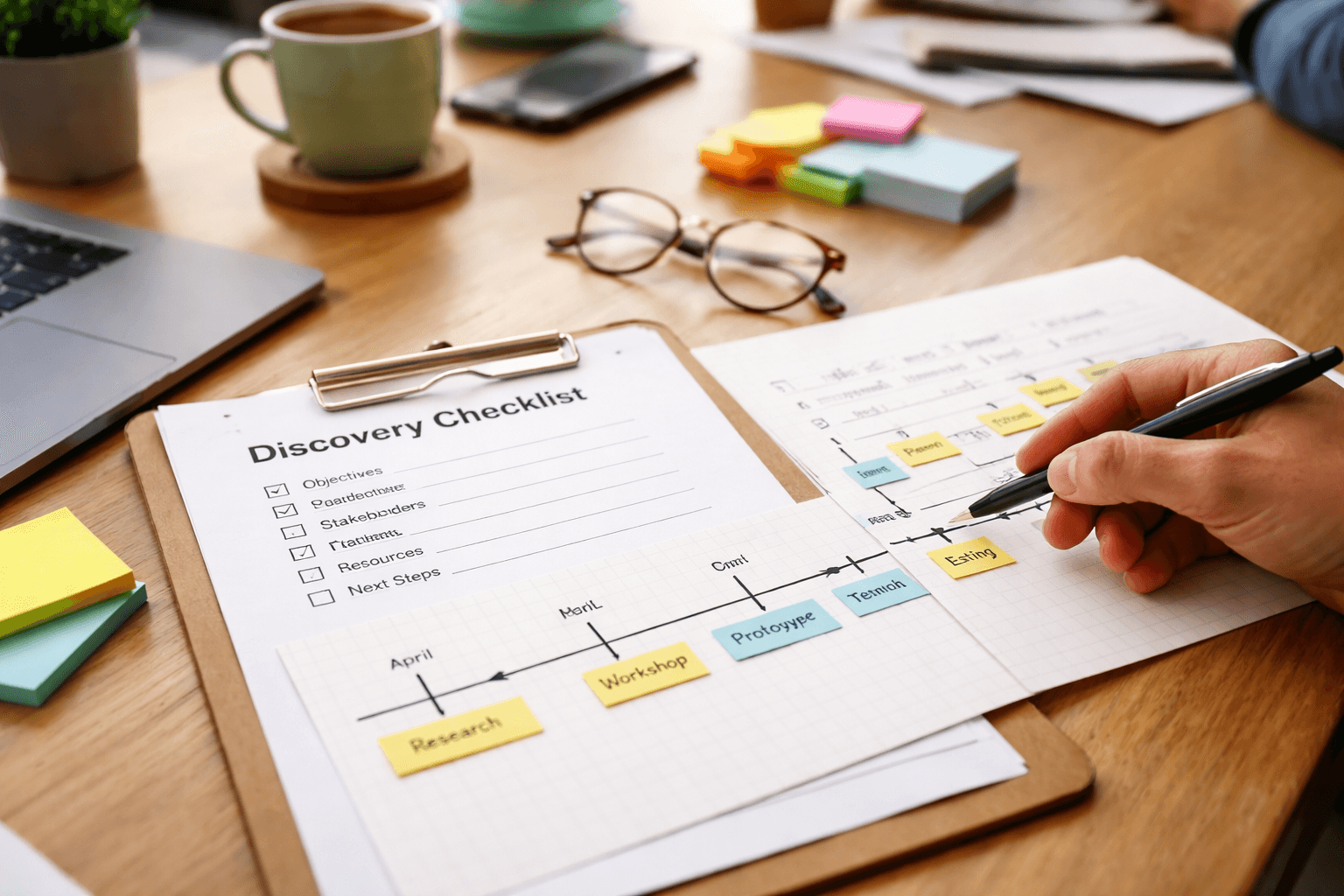 Close-up of a freelancer’s desk with a printed discovery checklist, pen annotations, and a simple calendar timeline