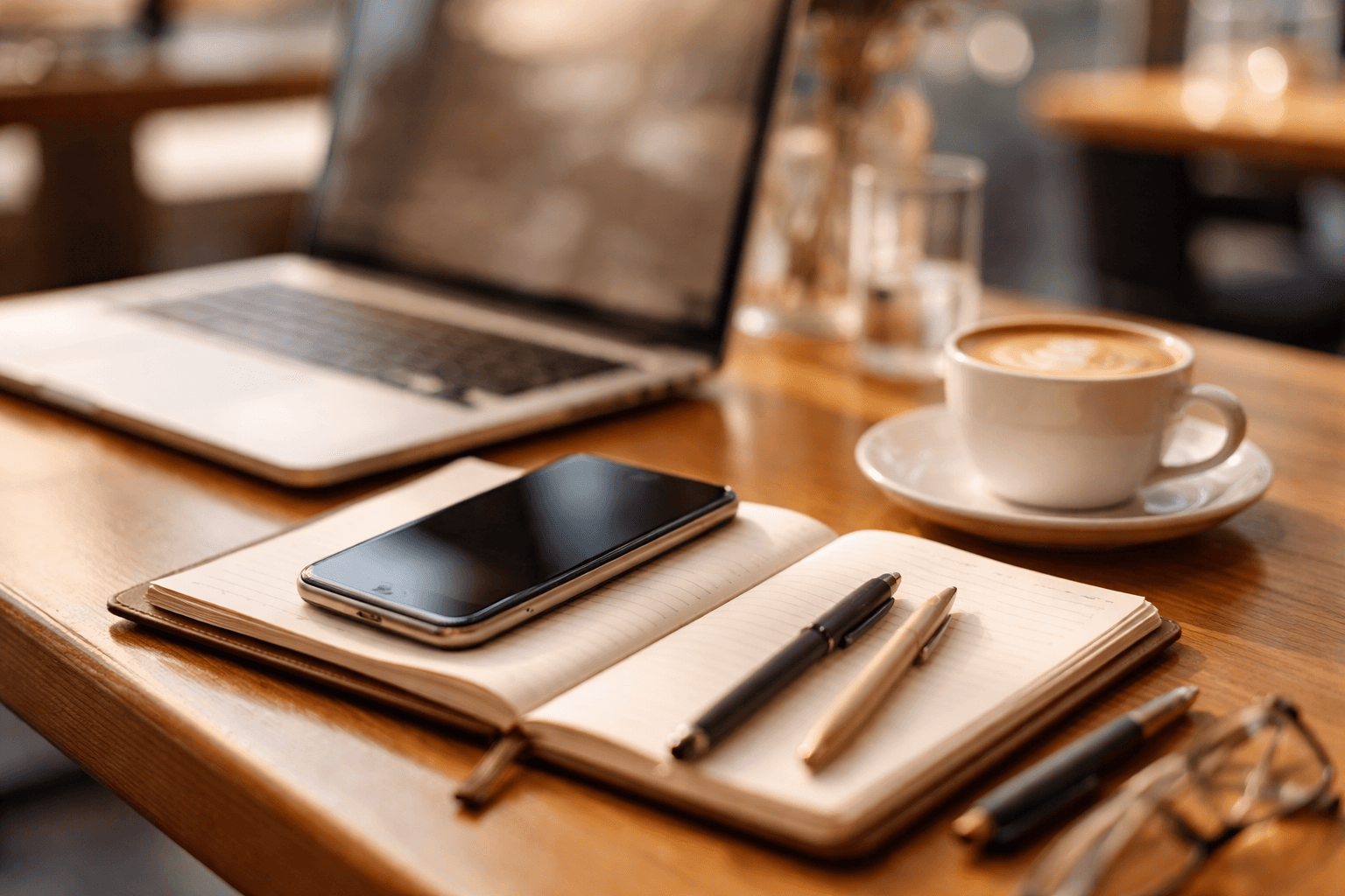 Coffee shop desk with notes and a phone showing a client email thread (non-readable)