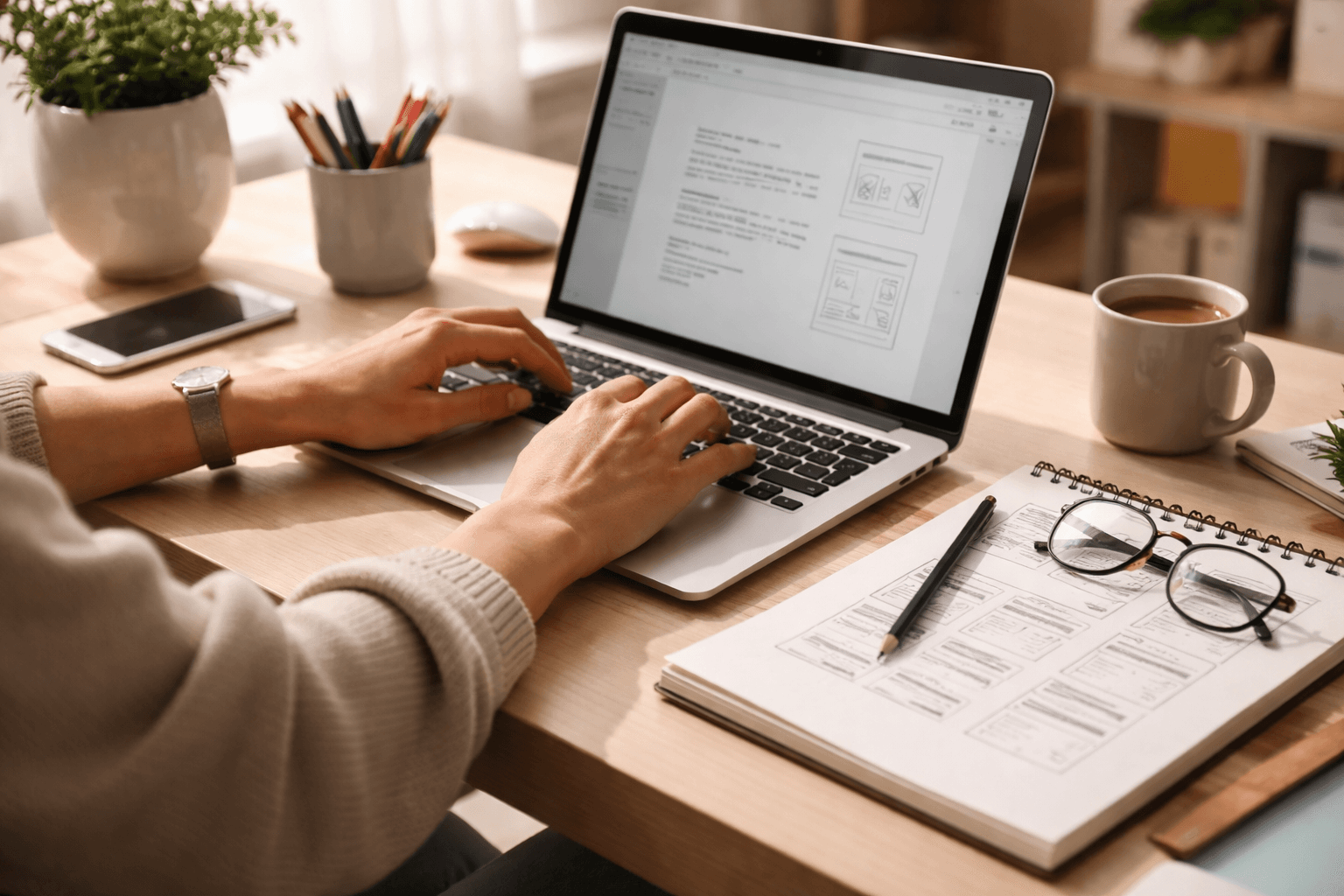 Designer at desk drafting a quote on laptop, morning light, clean workspace