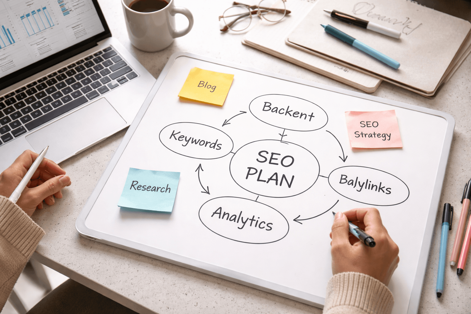 Close-up of a whiteboard planning session with SEO roadmap notes and a laptop, clean and organized workspace