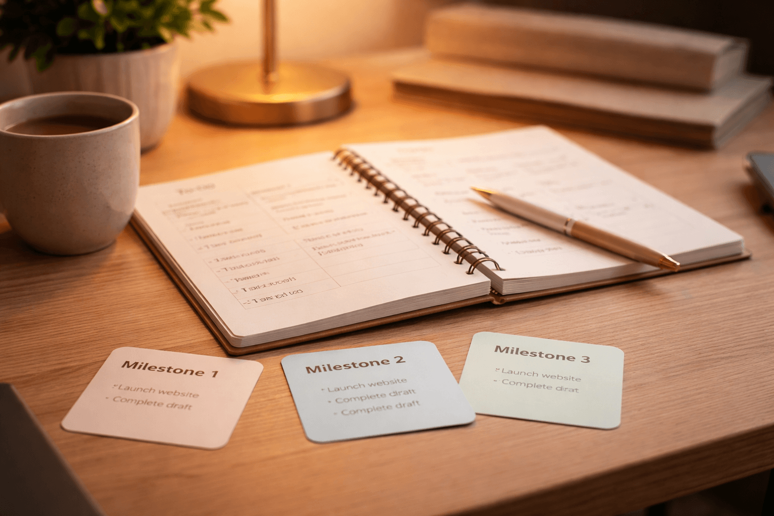 Minimal desk setup with notebook and timeline cards, evening warm light, close-up on planning process