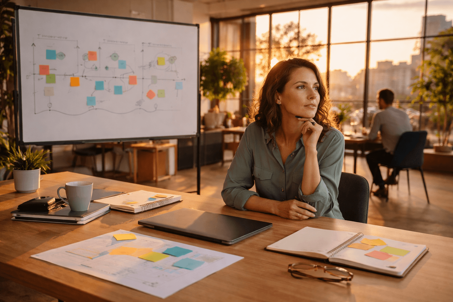 Co-working space at sunset with a laptop and a whiteboard planning notes, warm tones