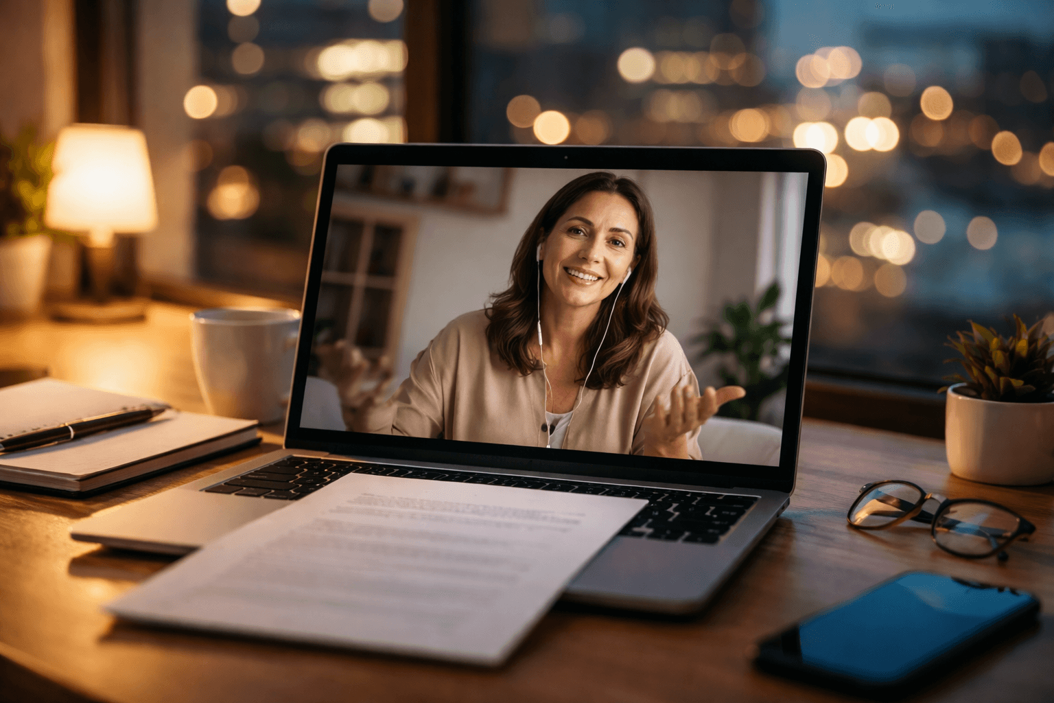 Consultant during a video call on a laptop, proposal draft visible but not readable, evening city lights